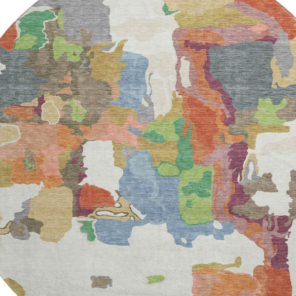 HomeRoots 8' Abstract Washable Round Rug in Ivory, Orange, Blue & Green - UV Protected & Pet-Friendly Design 680732