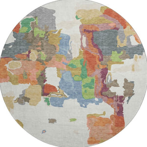 HomeRoots 8' Abstract Washable Round Rug in Ivory, Orange, Blue & Green - UV Protected & Pet-Friendly Design 680732