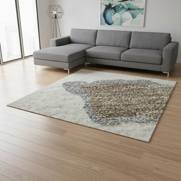 HomeRoots 8' X 10' Washable Abstract Area Rug in Ivory with Orange, Blue, Green Accents - UV Protected & Durable! 680733