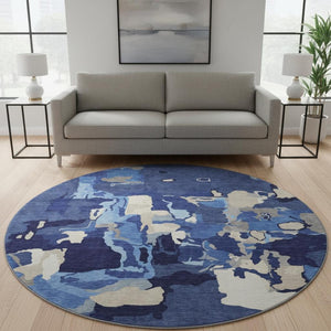 HomeRoots 8' Navy Blue Abstract Washable Round Rug with UV Protection - Durable, Stain-Resistant & Stylish Decor 680738