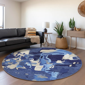 HomeRoots 8' Navy Blue Abstract Washable Round Rug with UV Protection - Durable, Stain-Resistant & Stylish Decor 680738