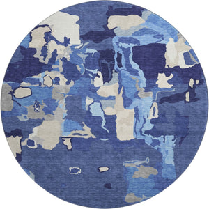 HomeRoots 8' Navy Blue Abstract Washable Round Rug with UV Protection - Durable, Stain-Resistant & Stylish Decor 680738