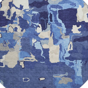 HomeRoots 8' Navy Blue Abstract Washable Round Rug with UV Protection - Durable, Stain-Resistant & Stylish Decor 680738