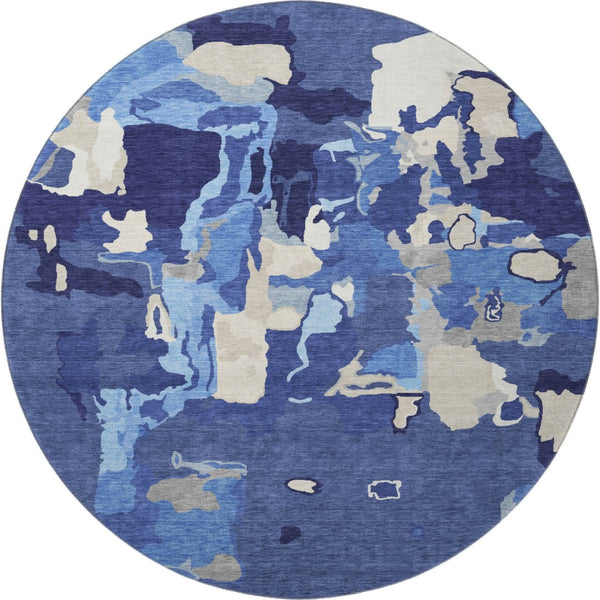 HomeRoots 8' Navy Blue Abstract Washable Round Rug with UV Protection - Durable, Stain-Resistant & Stylish Decor 680738