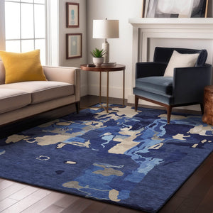 HomeRoots 9' X 12' Navy Blue Ivory Beige Abstract Washable Area Rug – Stain-Resistant, UV Protected, Durable 680740
