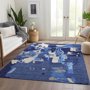 HomeRoots 9' X 12' Navy Blue Ivory Beige Abstract Washable Area Rug – Stain-Resistant, UV Protected, Durable 680740