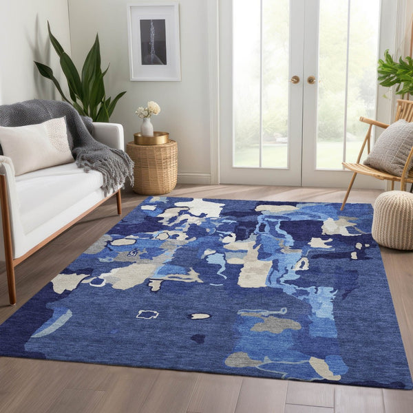 HomeRoots 9' X 12' Navy Blue Ivory Beige Abstract Washable Area Rug – Stain-Resistant, UV Protected, Durable 680740