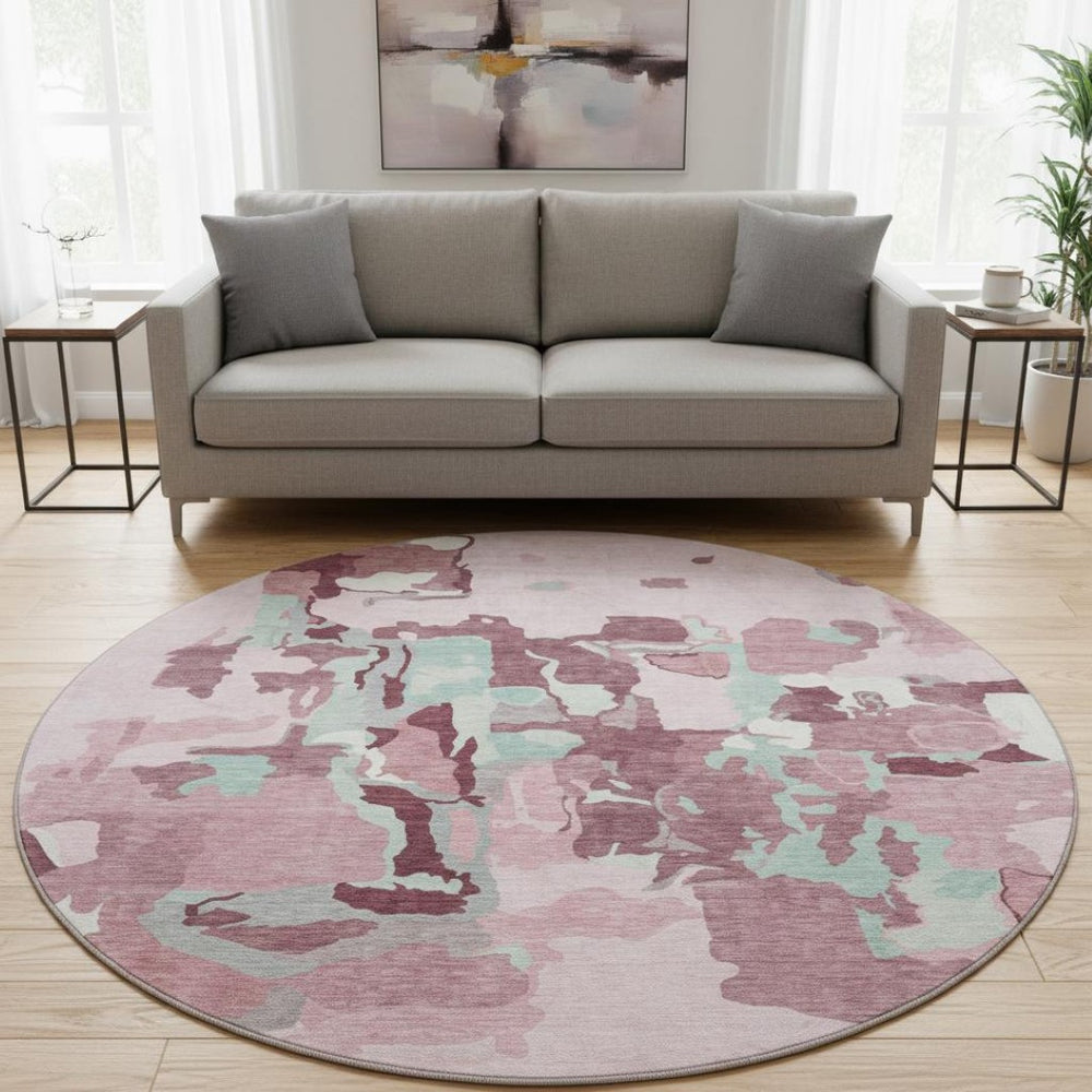 HomeRoots 8' Washable Round Rug in Pink, Sky Blue & Ivory - UV Protected, Durable & Ideal for Family Spaces 680744