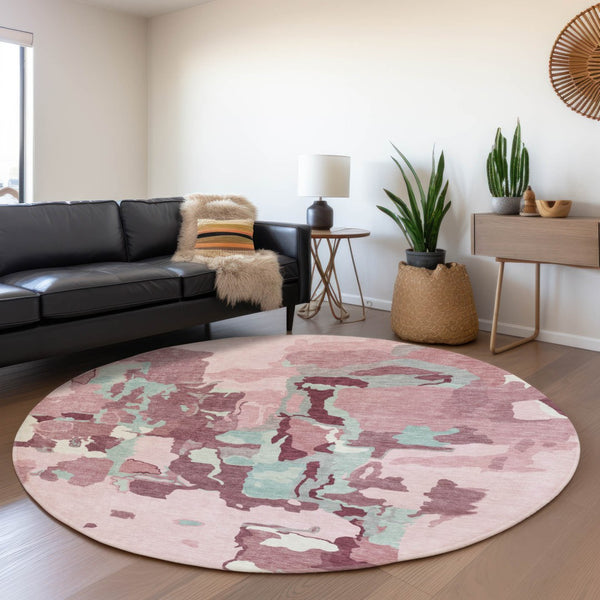 HomeRoots 8' Washable Round Rug in Pink, Sky Blue & Ivory - UV Protected, Durable & Ideal for Family Spaces 680744