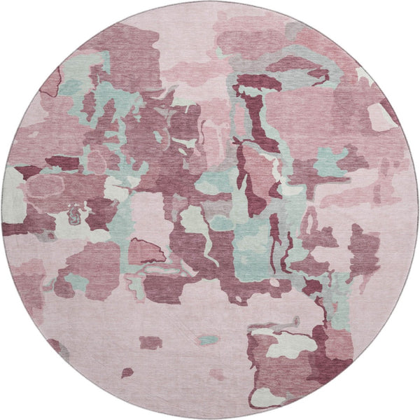 HomeRoots 8' Washable Round Rug in Pink, Sky Blue & Ivory - UV Protected, Durable & Ideal for Family Spaces 680744