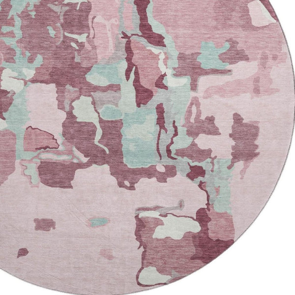 HomeRoots 8' Washable Round Rug in Pink, Sky Blue & Ivory - UV Protected, Durable & Ideal for Family Spaces 680744