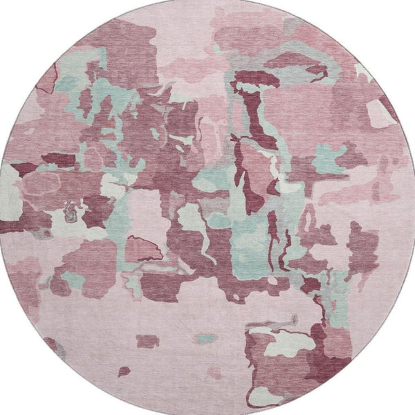 HomeRoots 8' Washable Round Rug in Pink, Sky Blue & Ivory - UV Protected, Durable & Ideal for Family Spaces 680744