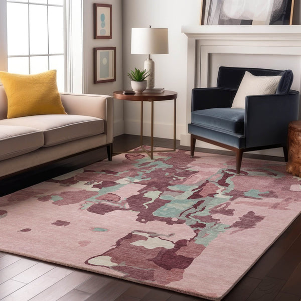 HomeRoots 9' X 12' Stylish Pink Sky Blue Ivory Abstract Washable Area Rug with UV Protection for Every Home 680746