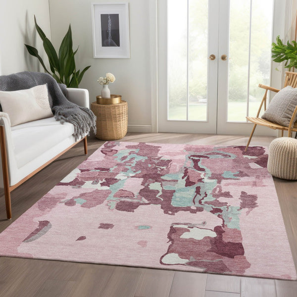 HomeRoots 9' X 12' Stylish Pink Sky Blue Ivory Abstract Washable Area Rug with UV Protection for Every Home 680746