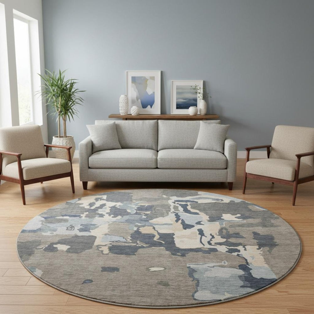 HomeRoots 8' Modern Taupe Beige Cream Abstract Washable Round Rug with UV Protection for High-Traffic Areas 680750