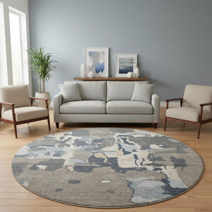 HomeRoots 8' Modern Taupe Beige Cream Abstract Washable Round Rug with UV Protection for High-Traffic Areas 680750