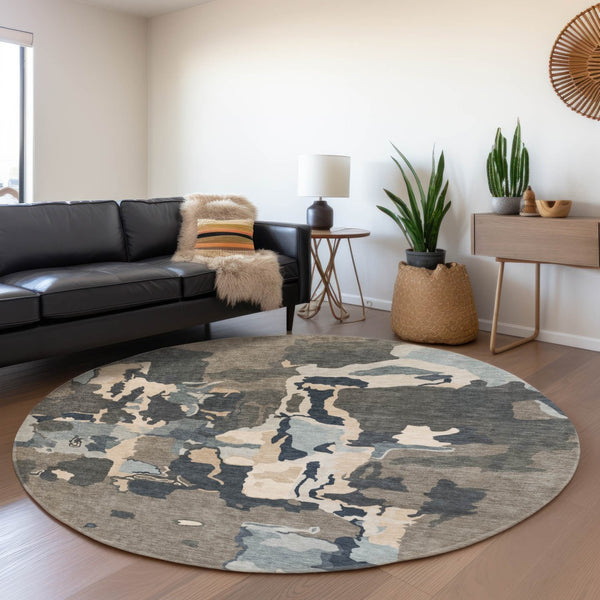 HomeRoots 8' Modern Taupe Beige Cream Abstract Washable Round Rug with UV Protection for High-Traffic Areas 680750