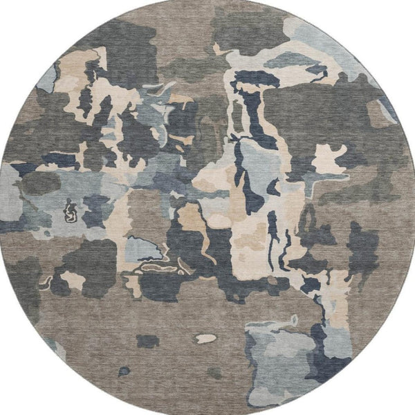 HomeRoots 8' Modern Taupe Beige Cream Abstract Washable Round Rug with UV Protection for High-Traffic Areas 680750