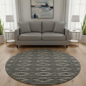 HomeRoots 8' Black And Taupe Geometric Round Rug - Washable, UV-Protected, Durable Style for Busy Homes 680756