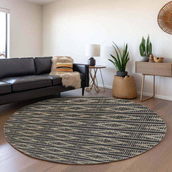 HomeRoots 8' Black And Taupe Geometric Round Rug - Washable, UV-Protected, Durable Style for Busy Homes 680756