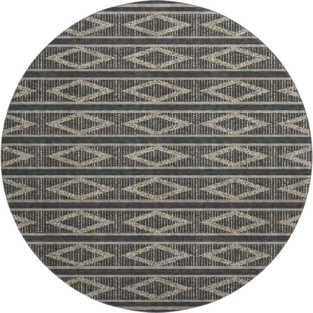 HomeRoots 8' Black And Taupe Geometric Round Rug - Washable, UV-Protected, Durable Style for Busy Homes 680756