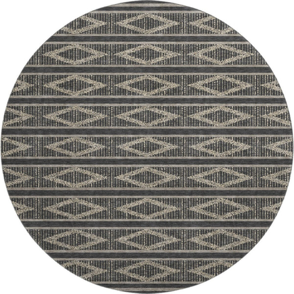 HomeRoots 8' Black And Taupe Geometric Round Rug - Washable, UV-Protected, Durable Style for Busy Homes 680756