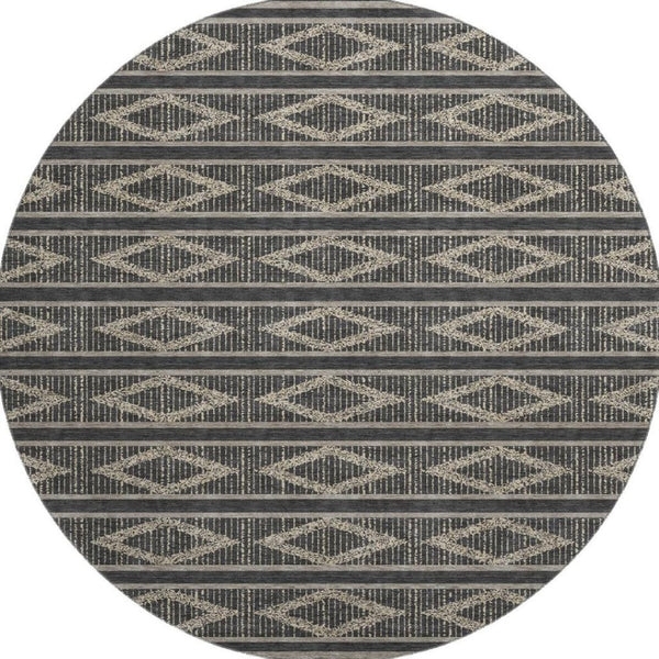 HomeRoots 8' Black And Taupe Geometric Round Rug - Washable, UV-Protected, Durable Style for Busy Homes 680756