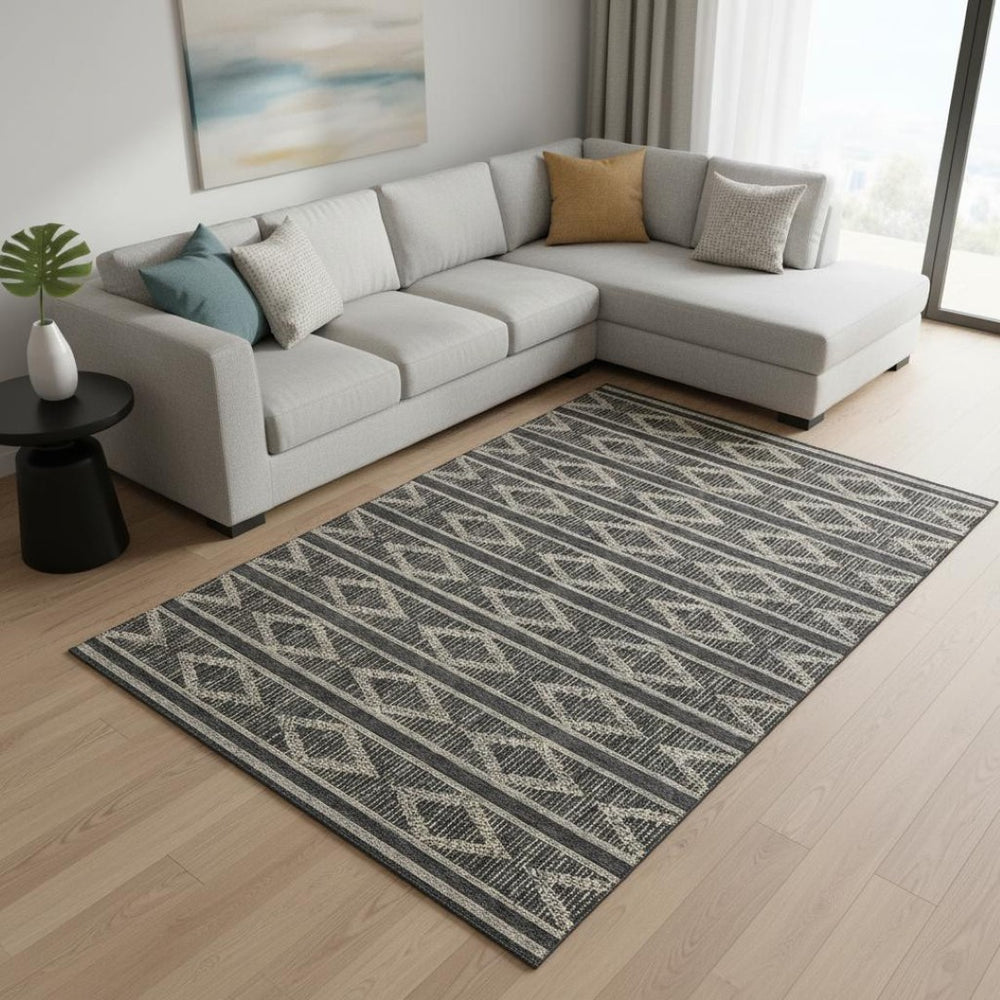 HomeRoots 10' X 14' Washable Black and Taupe Geometric Area Rug with UV Protection for Modern Spaces 680759