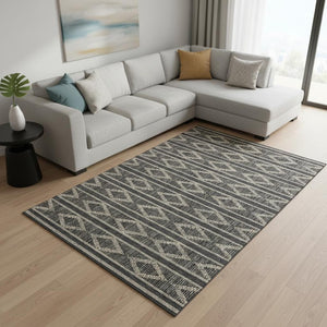 HomeRoots 10' X 14' Washable Black and Taupe Geometric Area Rug with UV Protection for Modern Spaces 680759