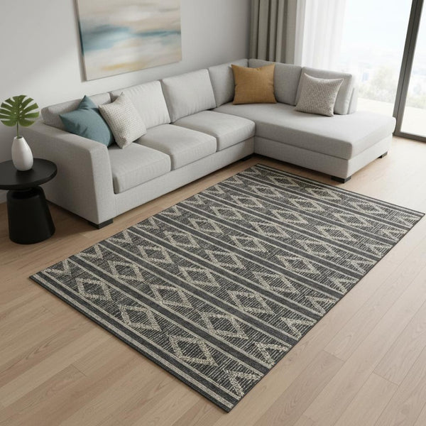 HomeRoots 10' X 14' Washable Black and Taupe Geometric Area Rug with UV Protection for Modern Spaces 680759