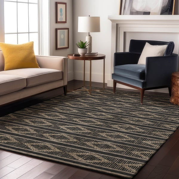 HomeRoots 10' X 14' Washable Black and Taupe Geometric Area Rug with UV Protection for Modern Spaces 680759