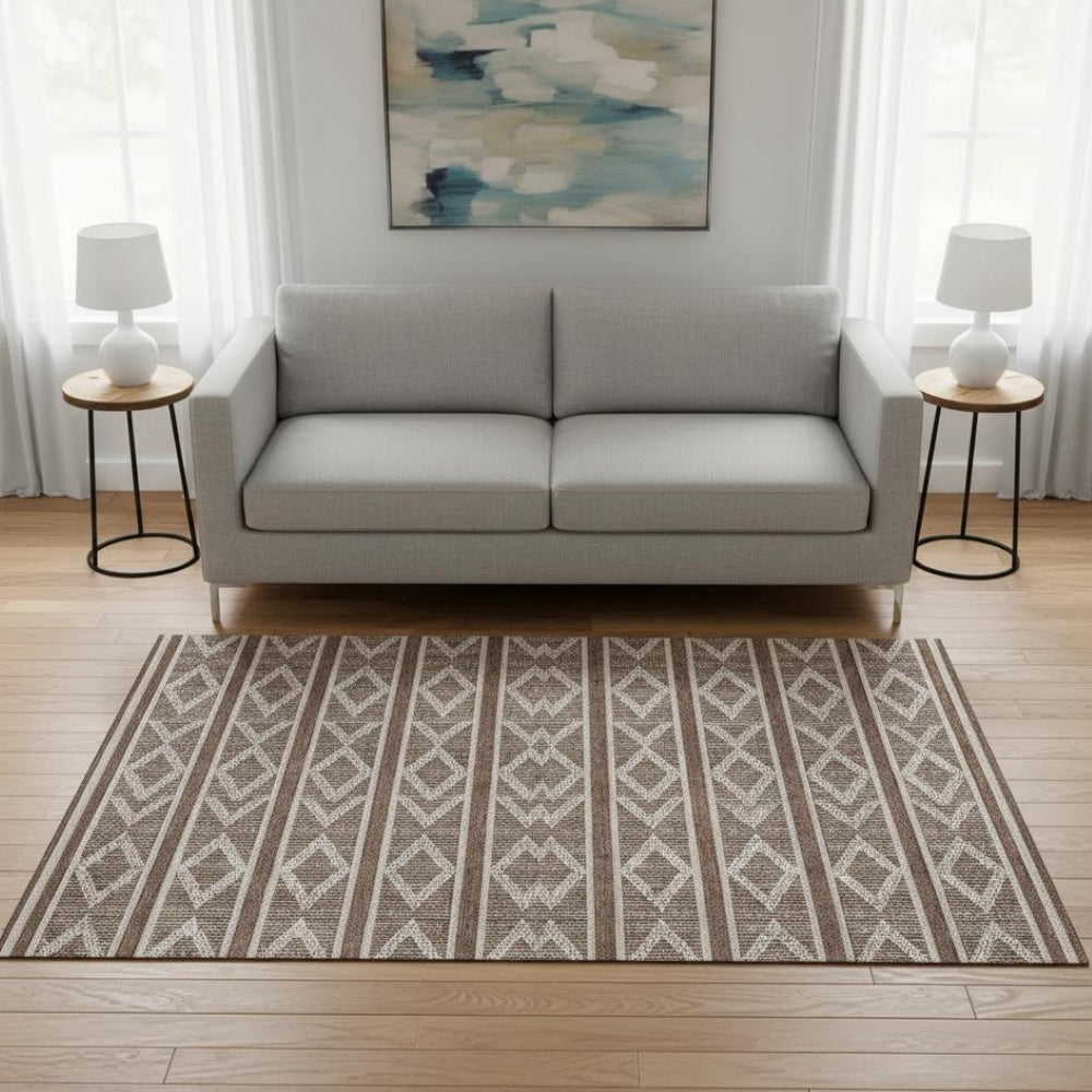 HomeRoots 5' X 8' Stylish Brown & Beige Geometric Washable Area Rug with UV Protection for Modern Spaces 680761