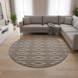 HomeRoots 8' Brown and Beige Geometric Round Rug – Washable, Stain-Resistant, UV Protected for Busy Homes 680762