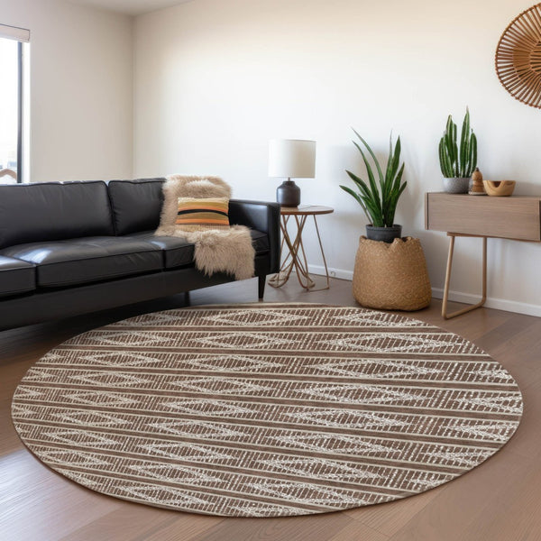 HomeRoots 8' Brown and Beige Geometric Round Rug – Washable, Stain-Resistant, UV Protected for Busy Homes 680762