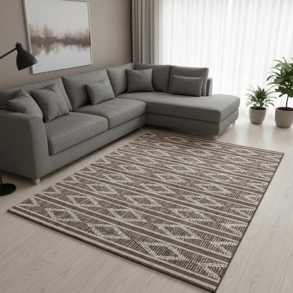 HomeRoots 8' X 10' Brown & Beige Geometric Washable Area Rug – Durable, Stain-Resistant, UV Protected Style! 680763