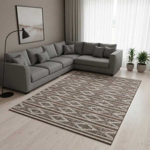 HomeRoots 9' X 12' Brown and Beige Geometric Area Rug – Washable, UV-Protected, Perfect for High-Traffic Spaces 680764