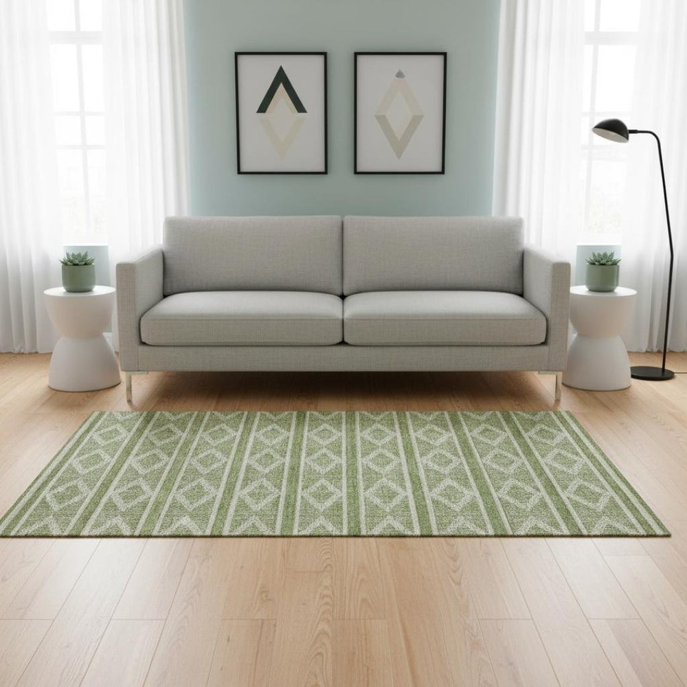 HomeRoots 5' X 8' Green and Beige Geometric Area Rug - Stylish, Washable, UV-Protected for Busy Homes 680767