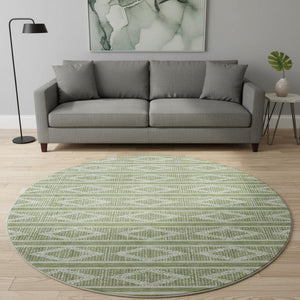 HomeRoots 8' Green And Beige Geometric Washable Round Rug - Durable, UV-Resistant, Perfect for Active Homes 680768