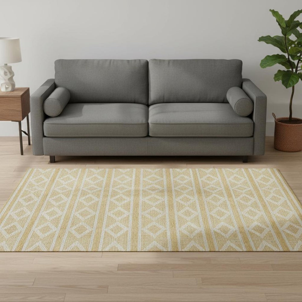 HomeRoots 5' X 8' Gold and Beige Geometric Area Rug – Stylish, Washable, UV-Protected, Ideal for Families & Pets 680773