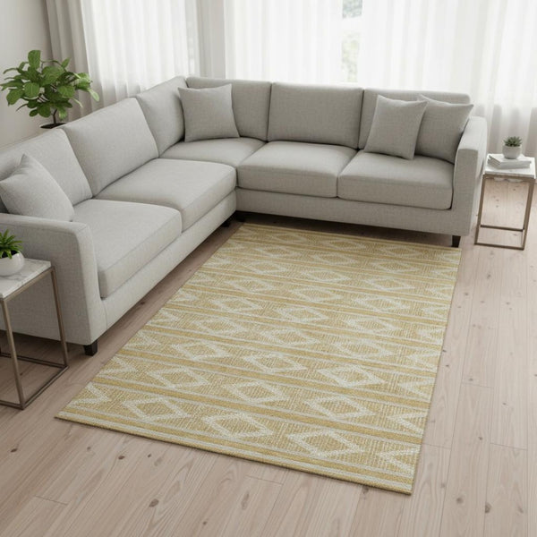 HomeRoots 8' X 10' Gold and Beige Geometric Area Rug – Washable, UV Protected, Durable for High-Traffic Spaces 680775