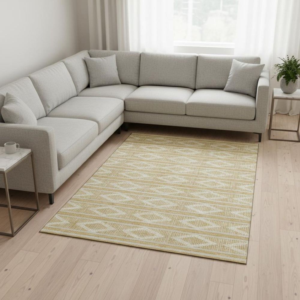 HomeRoots 9' X 12' Stylish Gold and Beige Geometric Washable Area Rug with UV Protection for Modern Homes 680776
