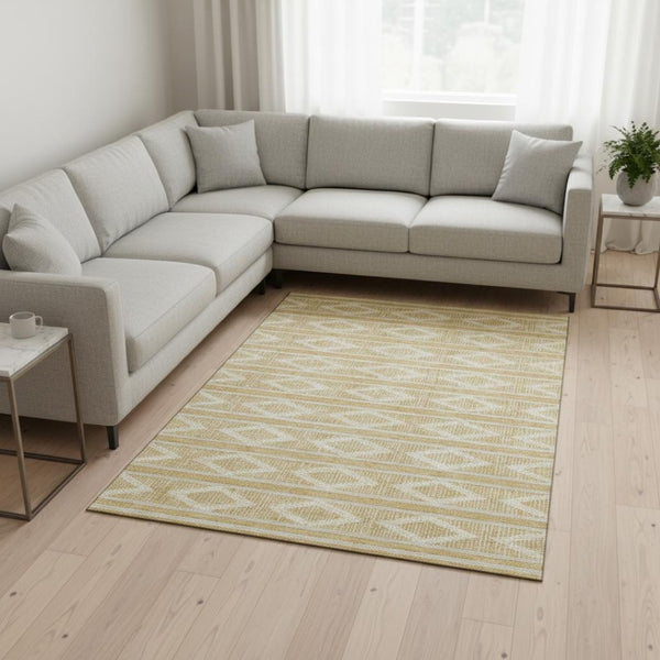 HomeRoots 9' X 12' Stylish Gold and Beige Geometric Washable Area Rug with UV Protection for Modern Homes 680776