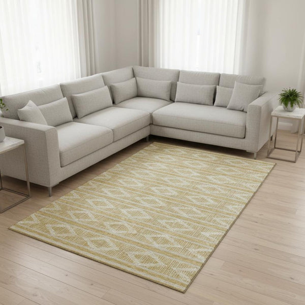 HomeRoots 10' Gold & Beige Geometric Area Rug - Washable, UV-Protected, Durable Design for Family Homes & Pets 680777