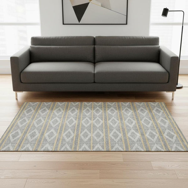 HomeRoots 5' X 8' Gray Ivory Gold Geometric Washable Area Rug - Durable, Stylish & UV-Protected for Any Room 680779