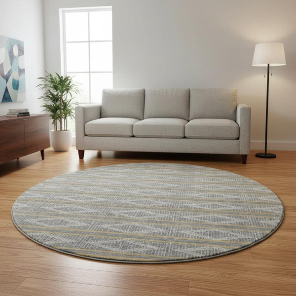 HomeRoots 8' Washable Round Rug in Gray, Ivory & Gold - Durable Geometric Design with UV Protection & Style 680780