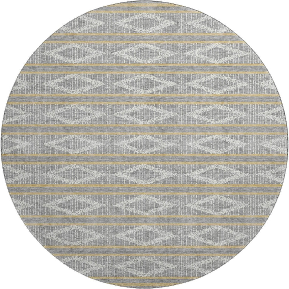HomeRoots 8' Washable Round Rug in Gray, Ivory & Gold - Durable Geometric Design with UV Protection & Style 680780