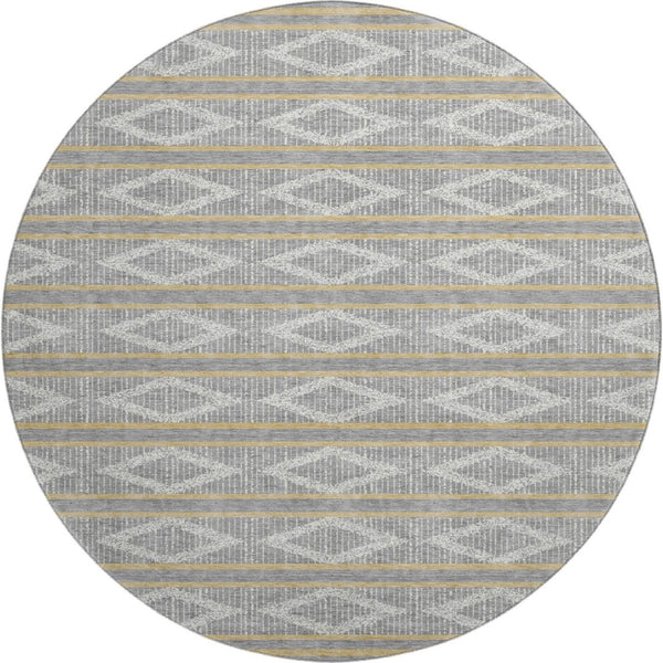 HomeRoots 8' Washable Round Rug in Gray, Ivory & Gold - Durable Geometric Design with UV Protection & Style 680780