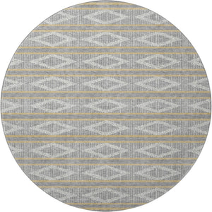 HomeRoots 8' Washable Round Rug in Gray, Ivory & Gold - Durable Geometric Design with UV Protection & Style 680780