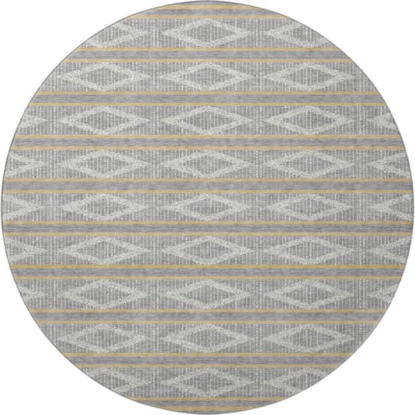 HomeRoots 8' Washable Round Rug in Gray, Ivory & Gold - Durable Geometric Design with UV Protection & Style 680780