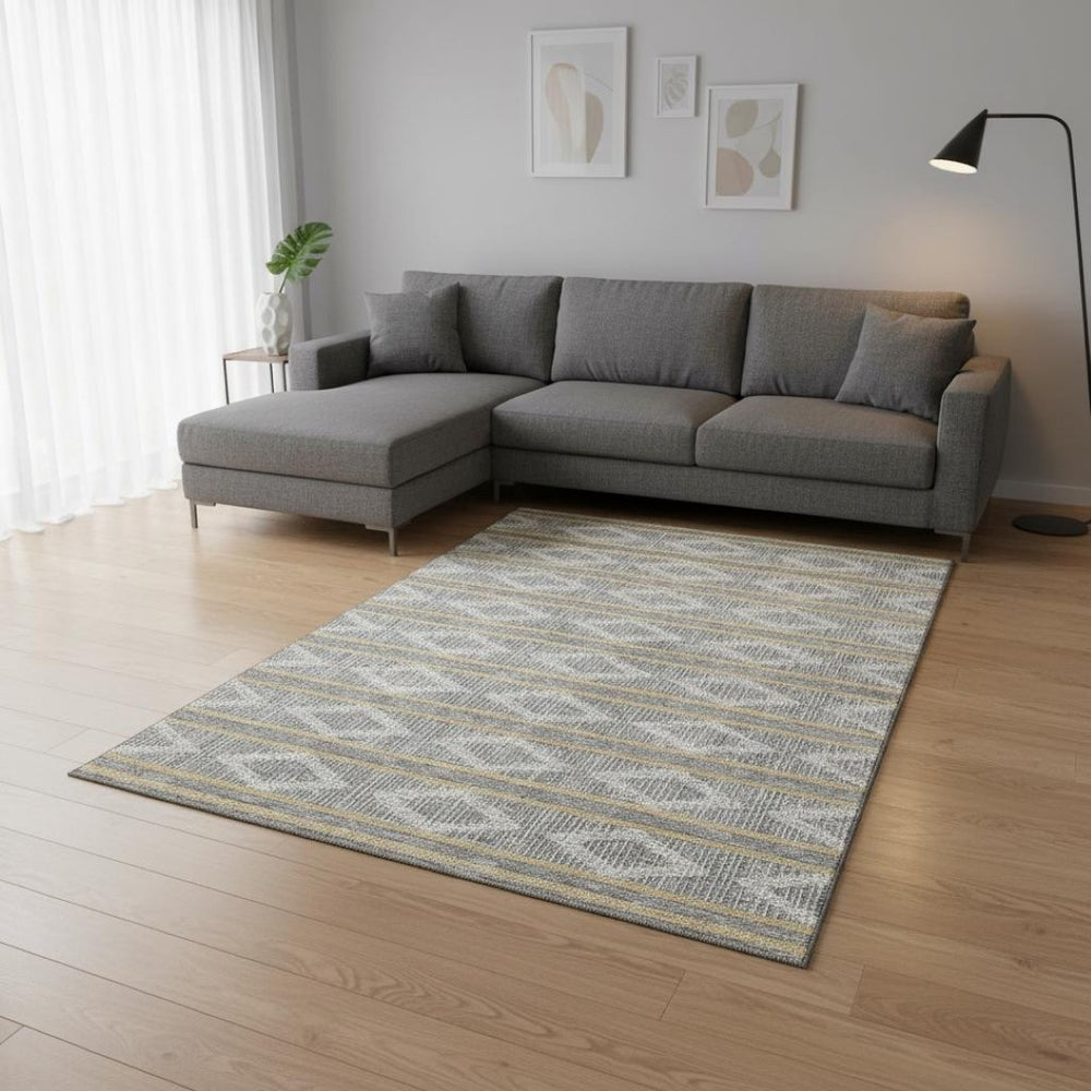 HomeRoots 8' X 10' Geometric Washable Area Rug in Gray, Ivory & Gold - Stain Resistant, UV Protection, Durable Design 680781